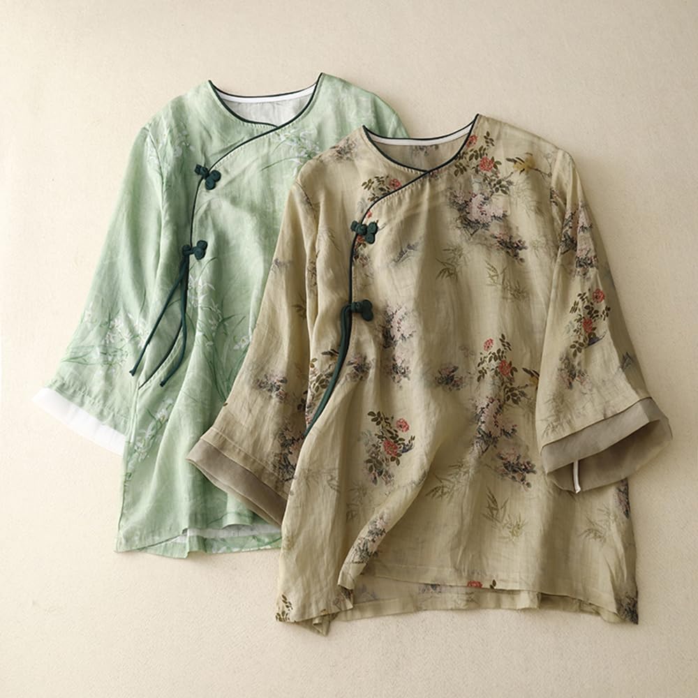 Chemisier chinois à manches 3/4 pour femme - Col mandarin traditionnel - Ethnique - Coton et lin - Qipao