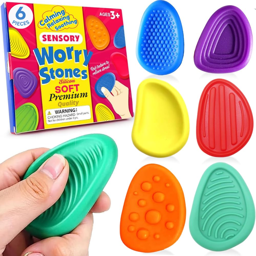 6 Pcs Sensory Stones - Silent Fidget Toys for Kids Adults - Calming Sensory Toys for Autism - Silicon Sensory Fidget Worry Stones - Fidgets for School  Workplace with Anxiety Relief for Kids Adults