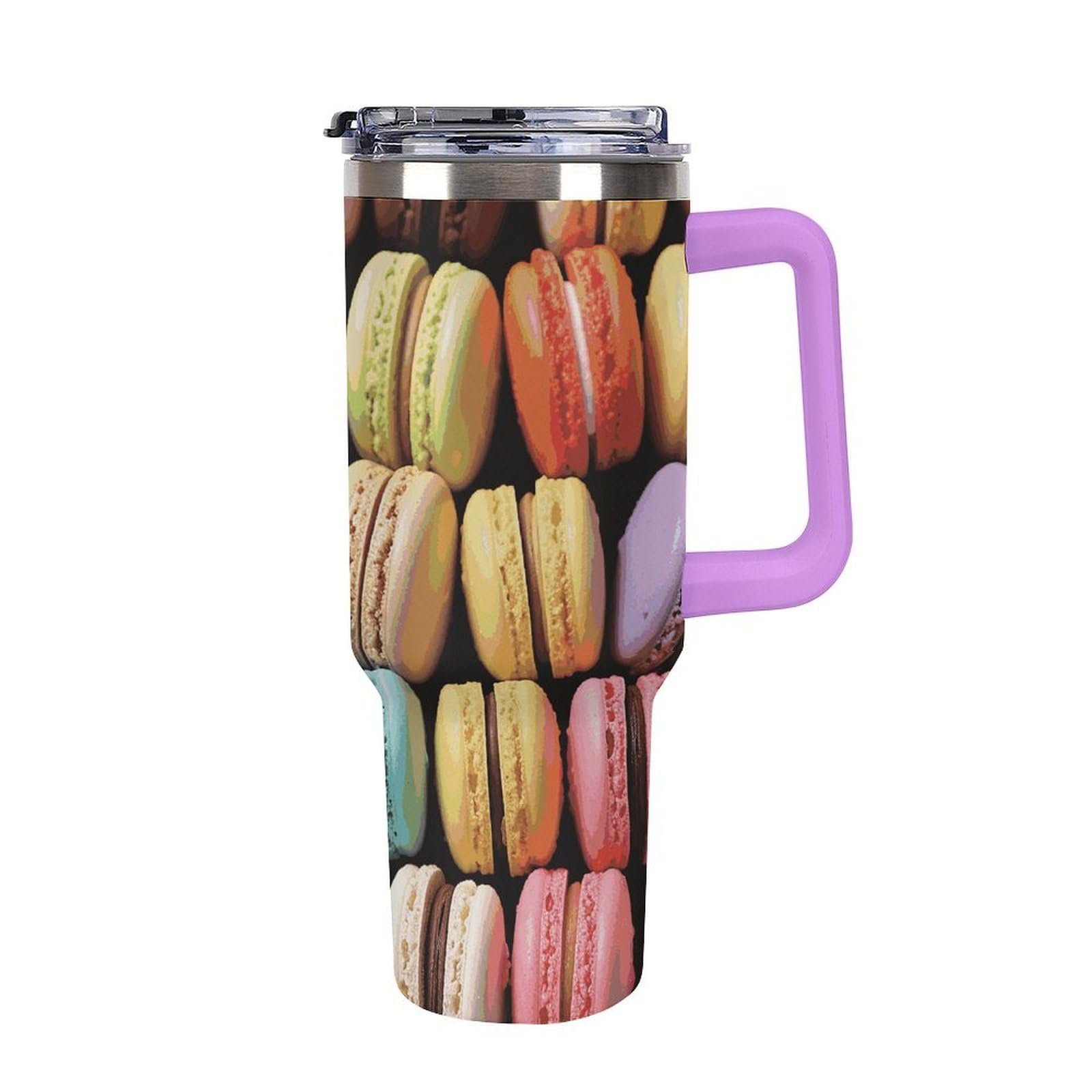 Autobecher aus 304er Edelstahl, mit Macaron-Keksgeschmack, Trinkhalm und auslaufsicherem Deckel, großes Fassungsvermögen, vakuumisolierter Reisebecher für Auto-Becherhalter, 1,2 l