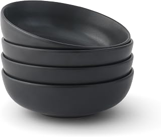 JoyJolt Mesa 30oz Matte Black Stoneware Pasta Bowls Set of 4 - Stackable Wide Shallow Serving Bowls for Pasta, Salad, Soup, Dishwasher Microwave Safe