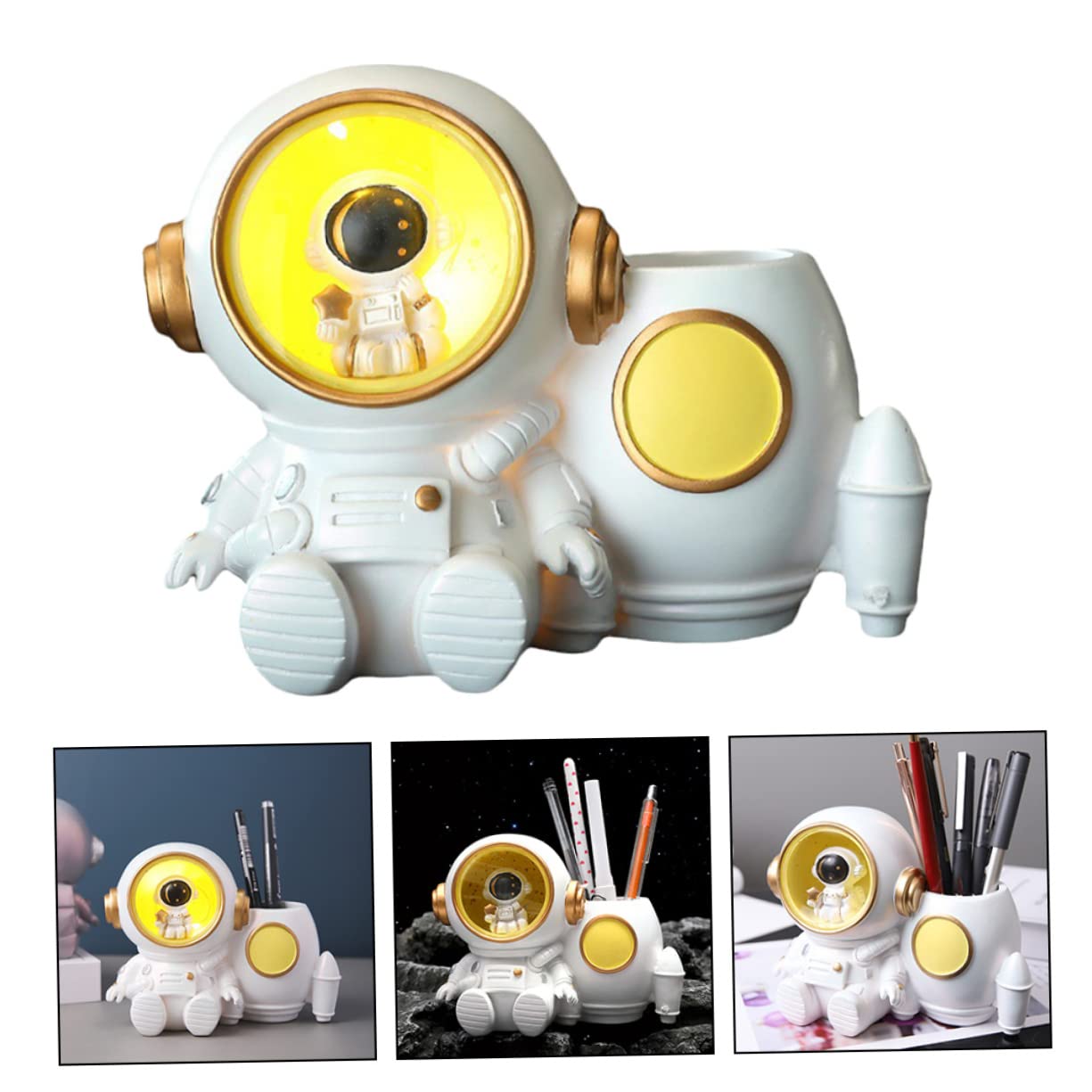 Hemobllo Porta Penne in Resina Bianca Astronauta Portapenne con Luce Grande Capacità per Carta da Visita e Gioielli Accessorio Scrivania per Bambini e Ragazzi