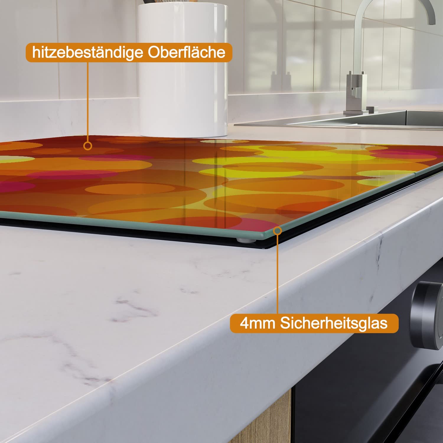 Wallario Herdabdeckplatte/Spritzschutz aus Glas, 2-teilig, 60x52cm mit 13mm hohen Füßen, für Ceran- und Induktionsherde, Rote gelbe und orange Kreise - harmonisches Muster