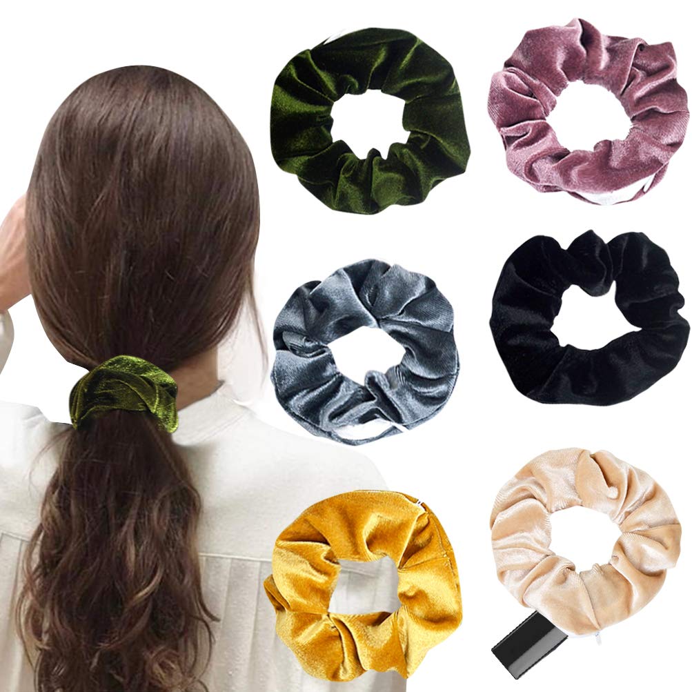 Fifwumang Premium Velvet Scrunchie with Zipper Pocket - 6Pack Hair Elastic Tie for Vsco Girls Women Hair Accessories (6PACK)