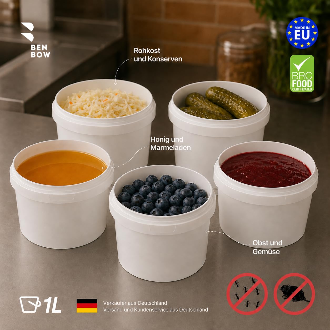 BenBow Eimer mit Deckel 1 l weiß 100x1 l, lebensmittelecht, stabil, lee