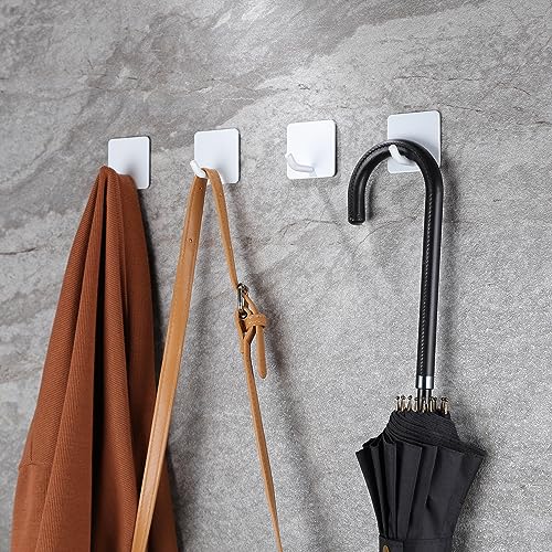 YIGII Adhesive Towel Hooks/Self Adhesive Hooks - White Heavy Duty Wall Hooks Stick on Hanging Robes Coats Clothes Hooks for Bathroom Kitchen Bedroom Hallway Door, Stainless Steel 4-Packs