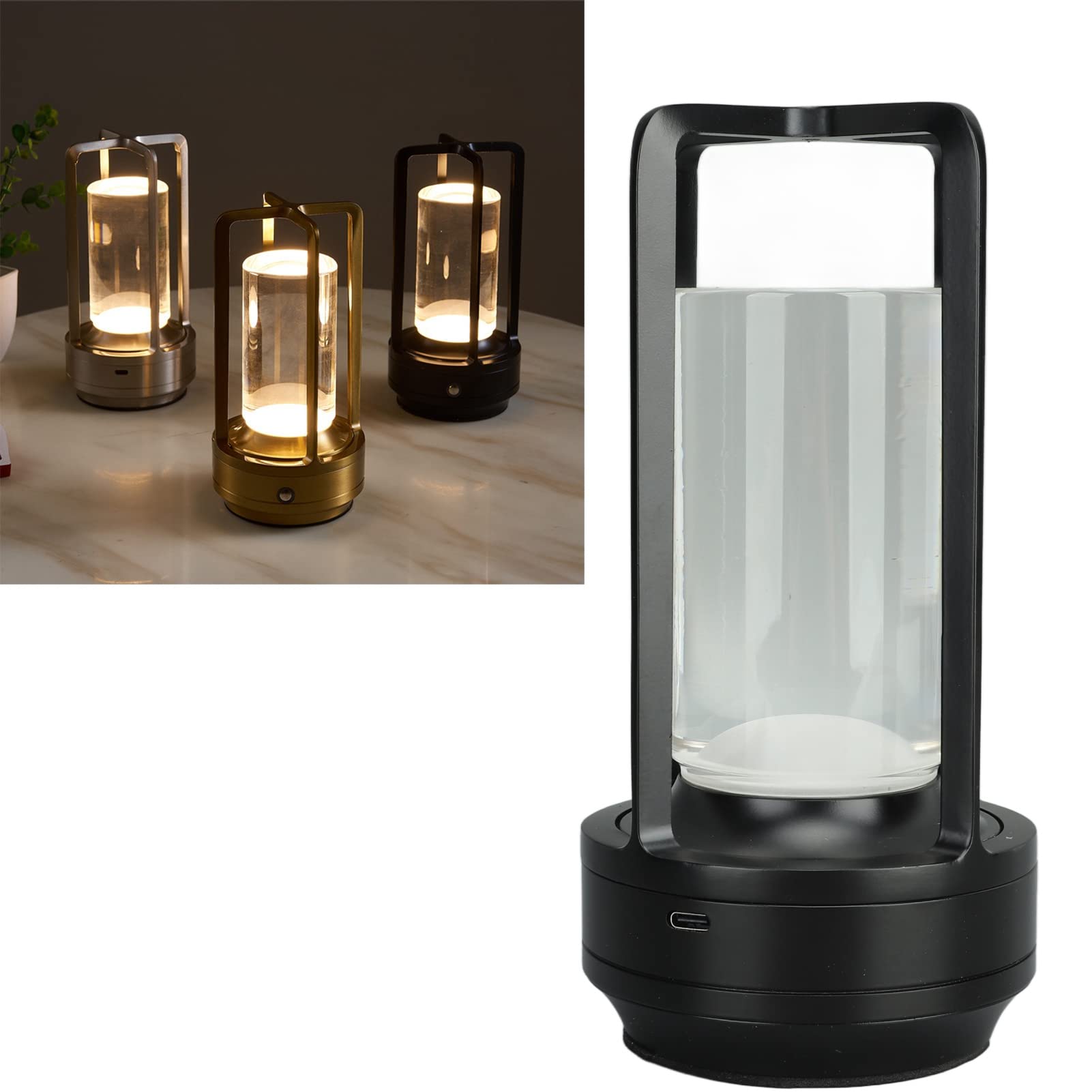 Syrisora Lámpara de mesa inalámbrica de 3 colores con atenuación continua, lámpara de mesa LED, recargable, lámpara táctil para mesita de noche (negro)