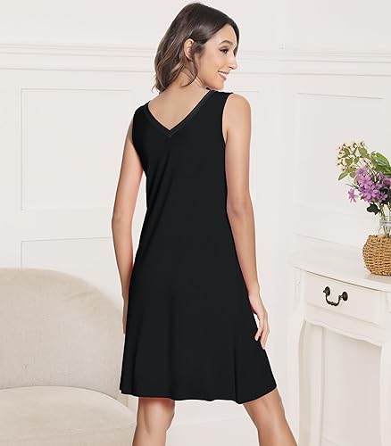 Miniatura 2 de NACHILA Nightgowns for Women-Viscose Made from Bamboo, Sleeveless Sleep Dress Soft Nightshirts Satin V Neck Sleepshirts