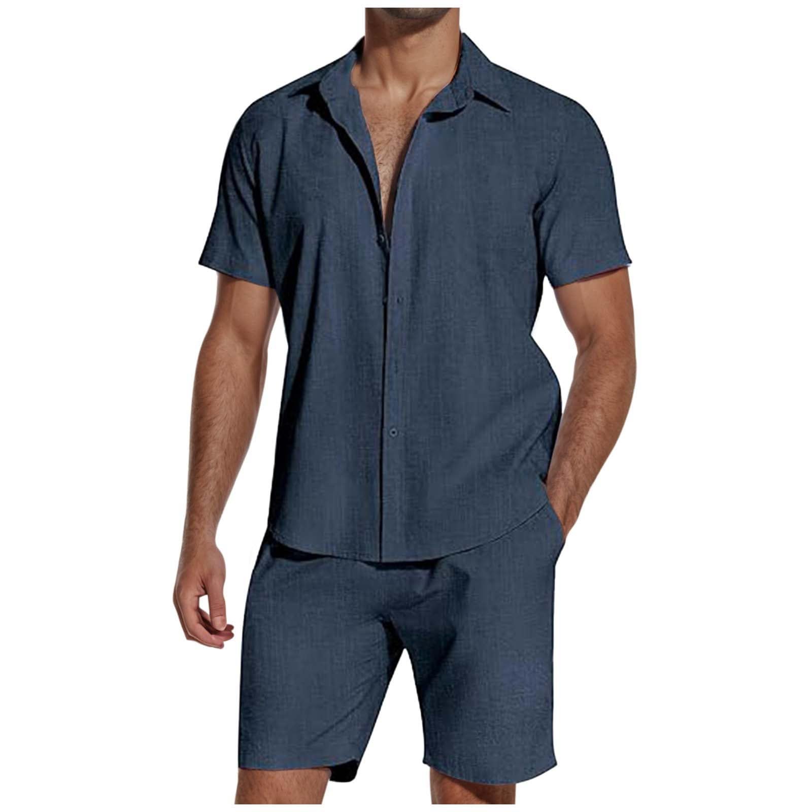 Conjunto de lino transpirable y camisa de solapa de color liso con pantalones cortos para hombre Chaleco para vuelo