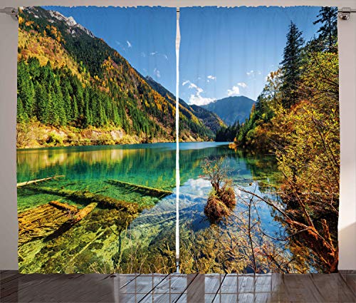 Ambesonne Outdoor Curtains, Scenic View Arrow Bamboo Lake Among Mountains and Colorful Fall Woods China, Living Room Bedroom Window Drapes 2 Panel Set, 108" X 108", Yellow Green