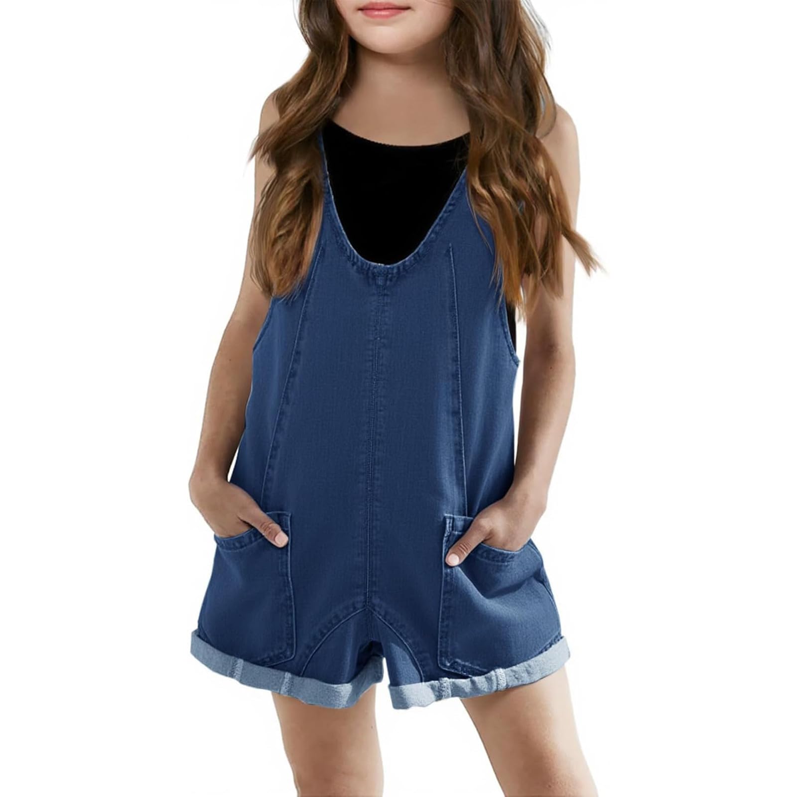 WWricotta Salopette in denim per bambine, pantaloncini estivi regolabili con spalline, tute in jeans, pantaloncini/A