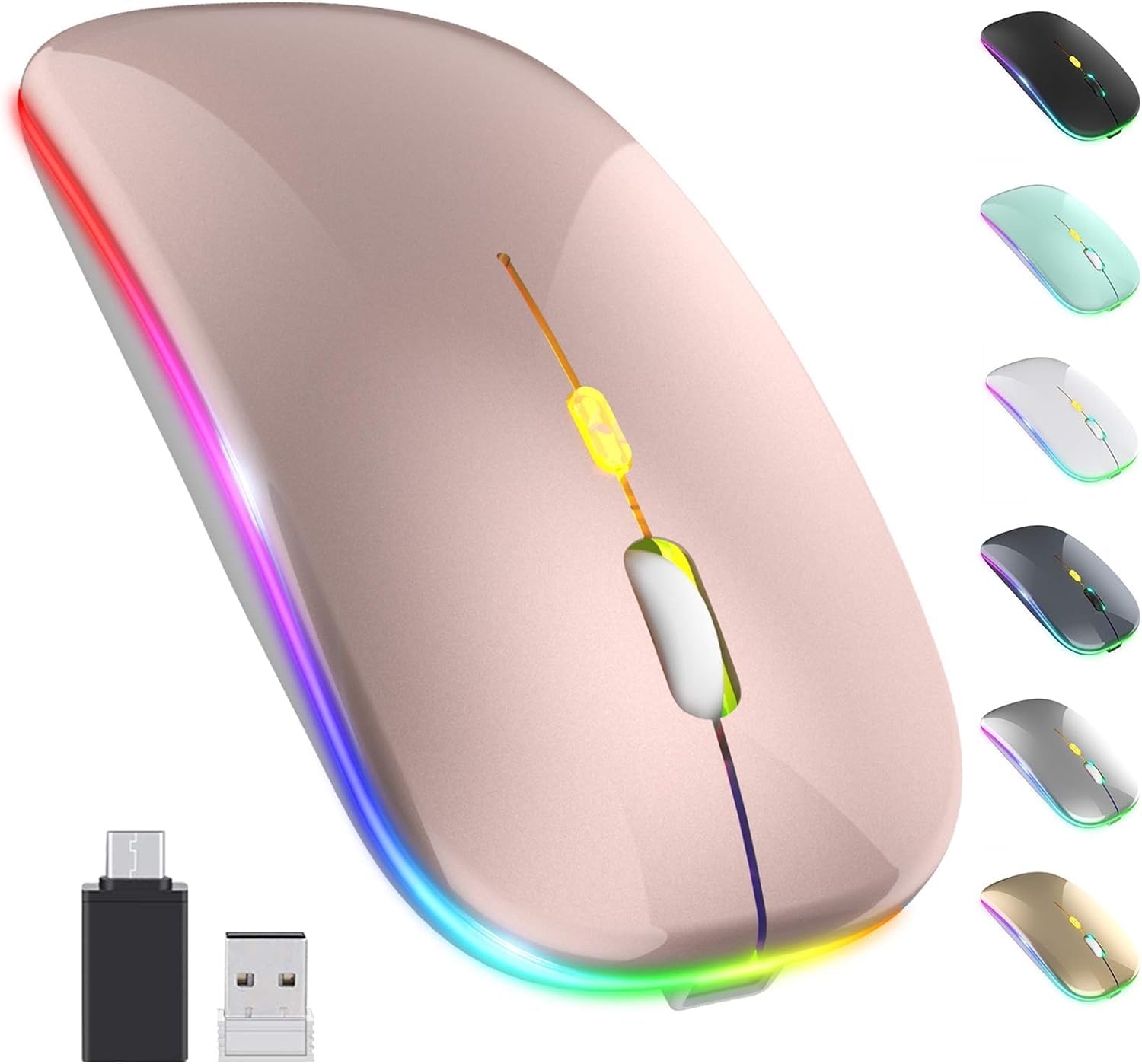 LED Wireless Mouse, Slim Silent Mouse 2.4G Portable Mobile Optical Office Mouse with USB & Type-c Receiver, 3 Adjustable DPI Levels for Notebook, PC, Laptop, Computer (Rose Gold)