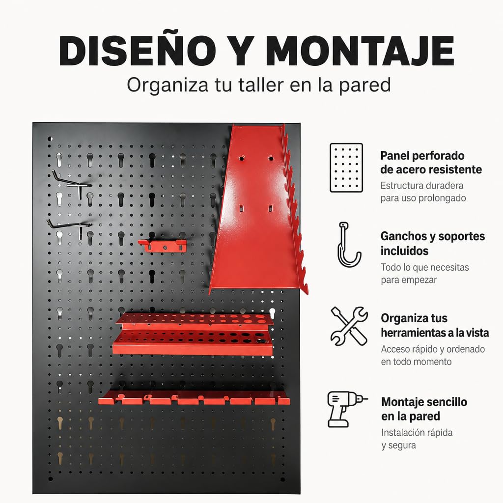 Panel Perforado de Pared para Herramientas – Set de 3 Tableros Metálicos con Accesorios: Ganchos, Soporte para Llaves, Estantes para Brocas, Soporte para Destornilladores y Herrajes de Montaje