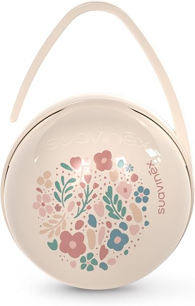 Suavinex, Portaciuccio per bebè, per trasportare 2 ciucci separati, con manico per appenderlo alla borsa, al passeggino, alla culla, scatola portaciuccio, custodia per ciucci, Wonder Fiori Beige - 1