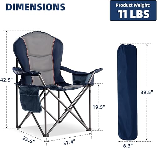Miniatura 2 de Silla de campamento de gran tamaño resistente de 500 libras, silla plegable para exteriores con bolsa refrigeradora, bolsillos de almacenamiento,