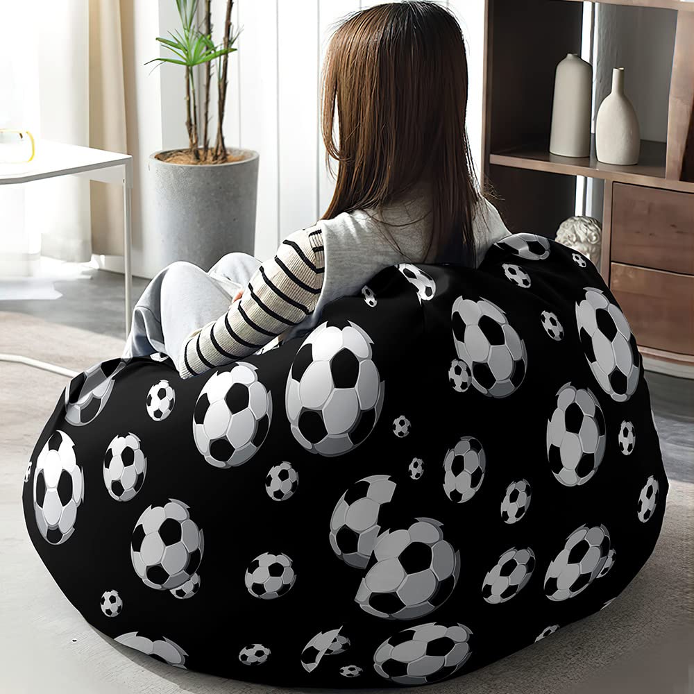FANSU Sitzsack Waschbar 3D Fußball Sitzsack Ohne Füllung für Kinder und Erwachsene Outdoor/Indoor Stofftier Aufbewahrung (100x120cm, Schwarzer)