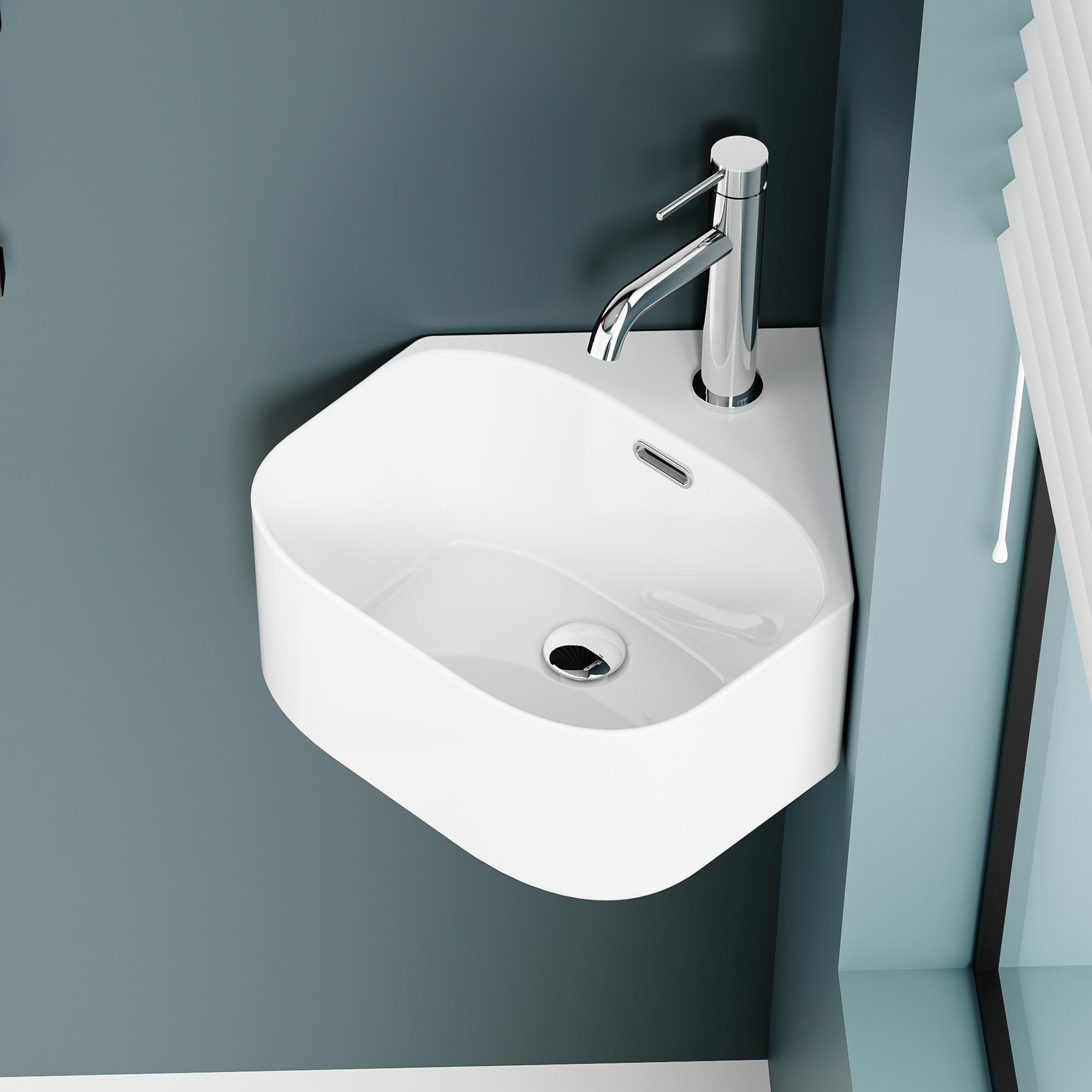 Lavaplas de esquina de cerámica blanca - Lavabo compacto y angular para espacios pequeños - Lavabo de diseño elegante y funcional - Ideal para baños o aseos - 40 x 43,5 x 16,5 cm