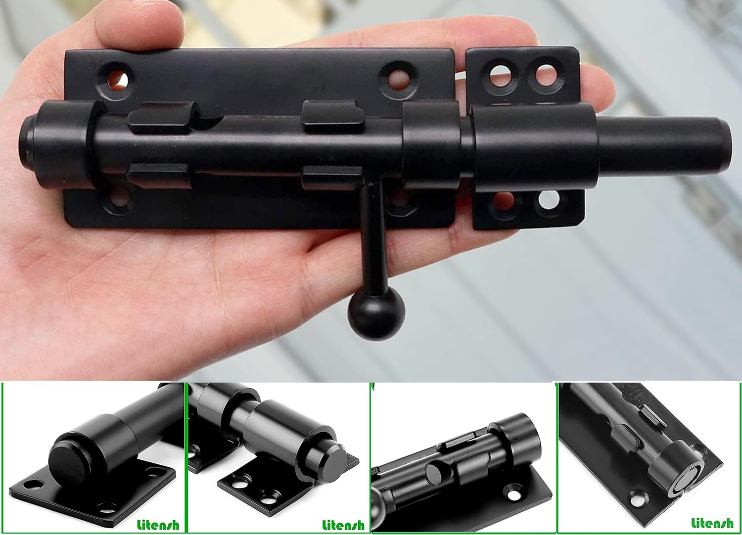 Cerradura de seguridad para puerta deslizante resistente con agujero para candado, Pestillo Puerta, Cerrojo Puerta Interior Cierre Puerta acero inoxidable 304 negro mate (8 Inch (200mm))