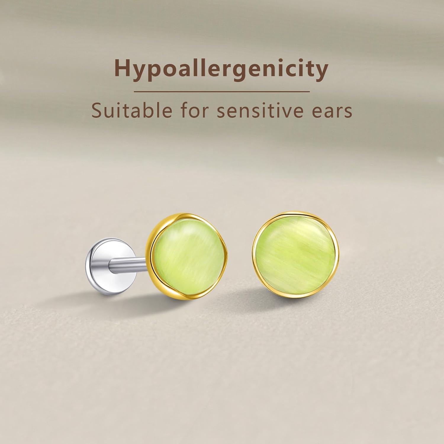 Limerencia Hypoallergenic Earrings for Sensitive Ears - G23 Titanium Round Cat's Eye Flat Back Stud Earrings, Cartilage 5mm Stone Pierced Earrings for Women Men Gift - Image 4