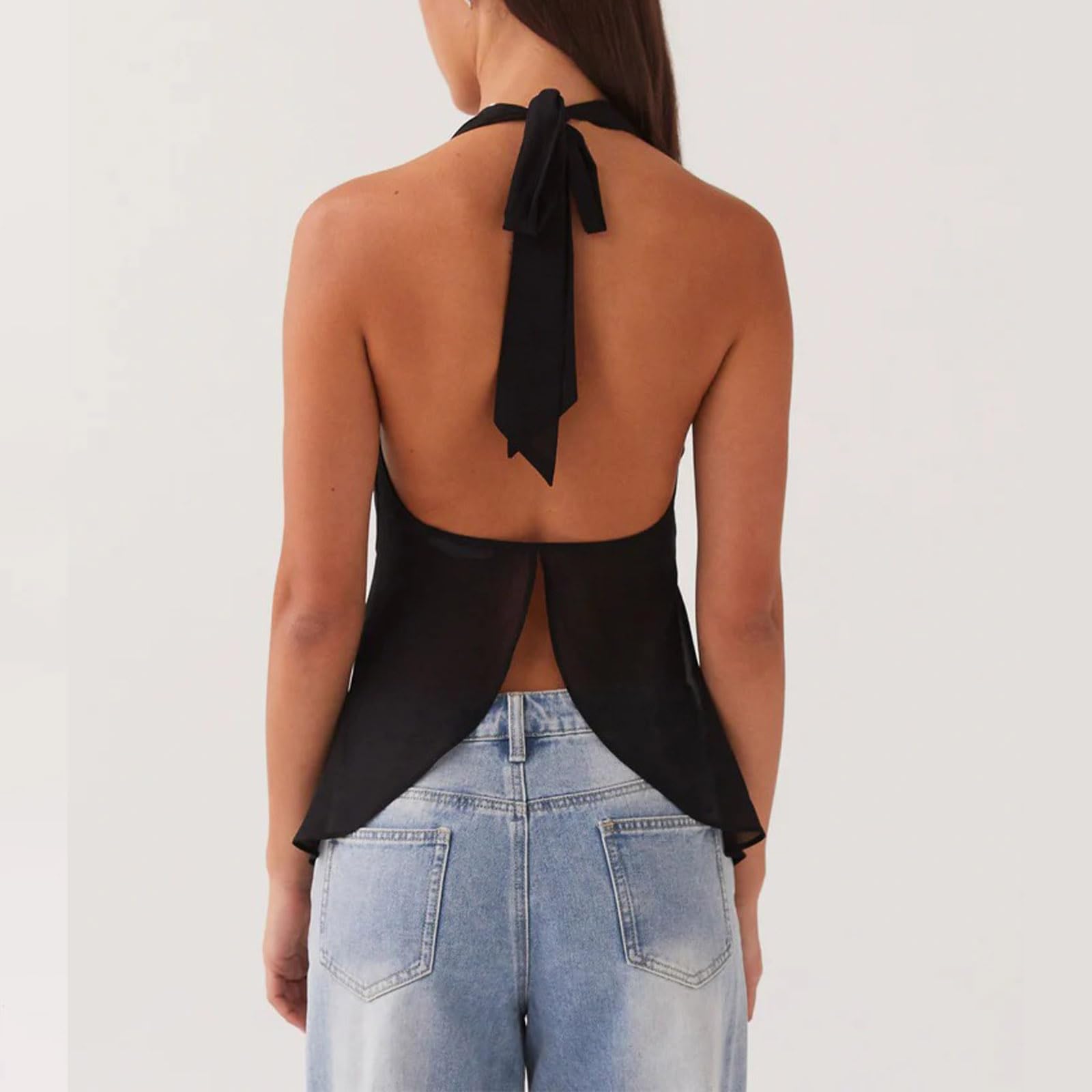 Sexy Outfit Top con Cuello Halter para Mujer, Blusa sin Mangas de Gasa Transparente con Cuello en V Profundo y Espalda Abierta, Top Elegante para Fiesta de Verano