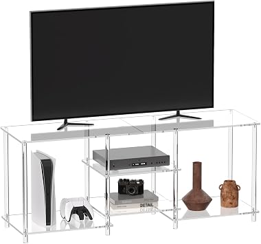 Eglaf Acrylic 55 Inch TV Stand - 3-Tier Entertainment Center - Clear TV Console Table with Open Storage Shelves, for Living Room, Bedroom - 55.1 L x 15.7 W x 22.4 H, TVs up to 60 Inch