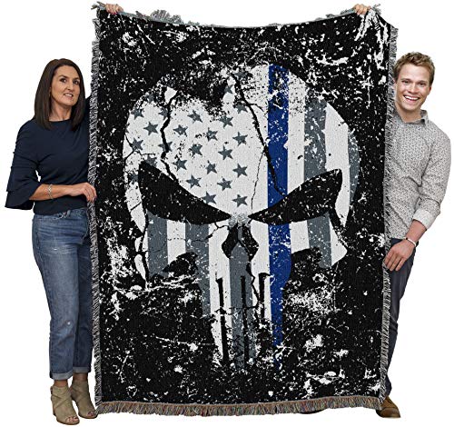 Police Department - Blue Line American Flag Punisher Skull - Cotton Woven Blanket Throw - Made in The USA (72x54)