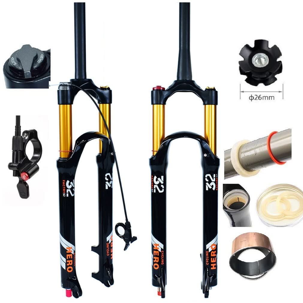 QHY 26 27.5 29 VTT Fourche Suspension Vélo Frein À Disque Jaune Amortisseur D'air Fourche Vélo Fourche VTT Fourche À Dégagement Rapide Verrouillage Manuel/Distance Voyage 120mm 1-1/2 1-1/8