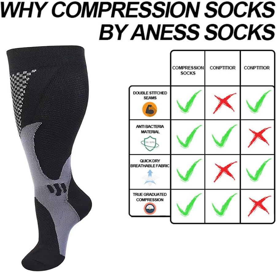 6 Pairs Plus Size Compression Socks Wide Calf for Men Women 20-30mmhg for Running Travel Flight Teachers