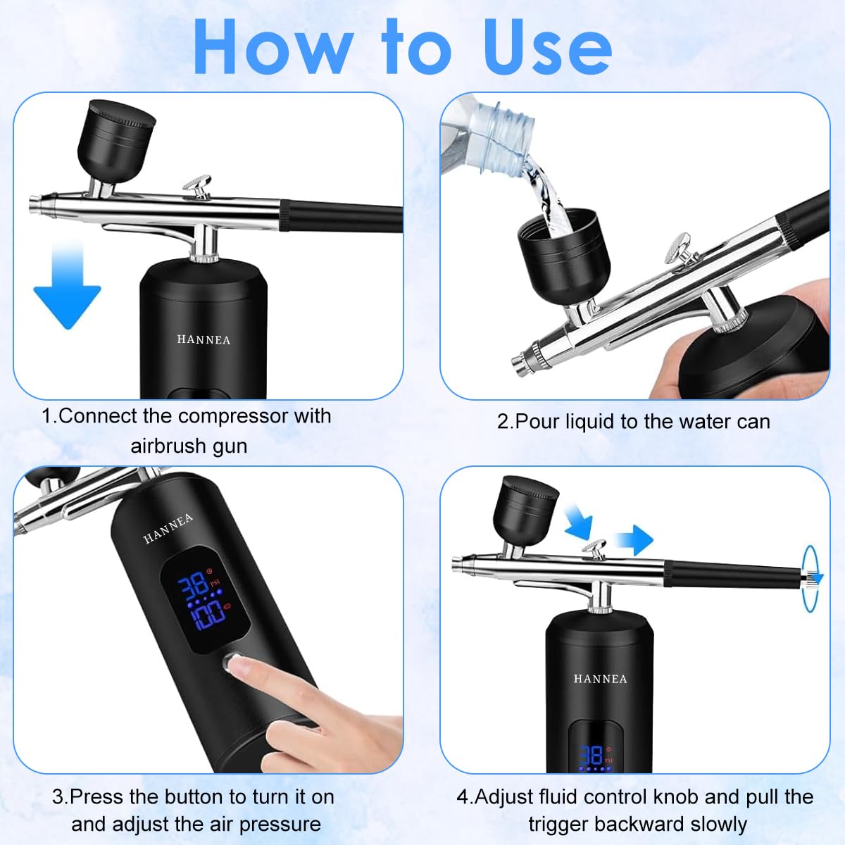 HANNEA® Airbrush Kit Rechargeable LCD Air brush Spray Gun with 3 Pressure Level 0.3mm Nozzle Air Brush for Painting & Airbrush Makeup Machine for Barber, Nail Art, Cake Decor, Model Painting(Black) 2