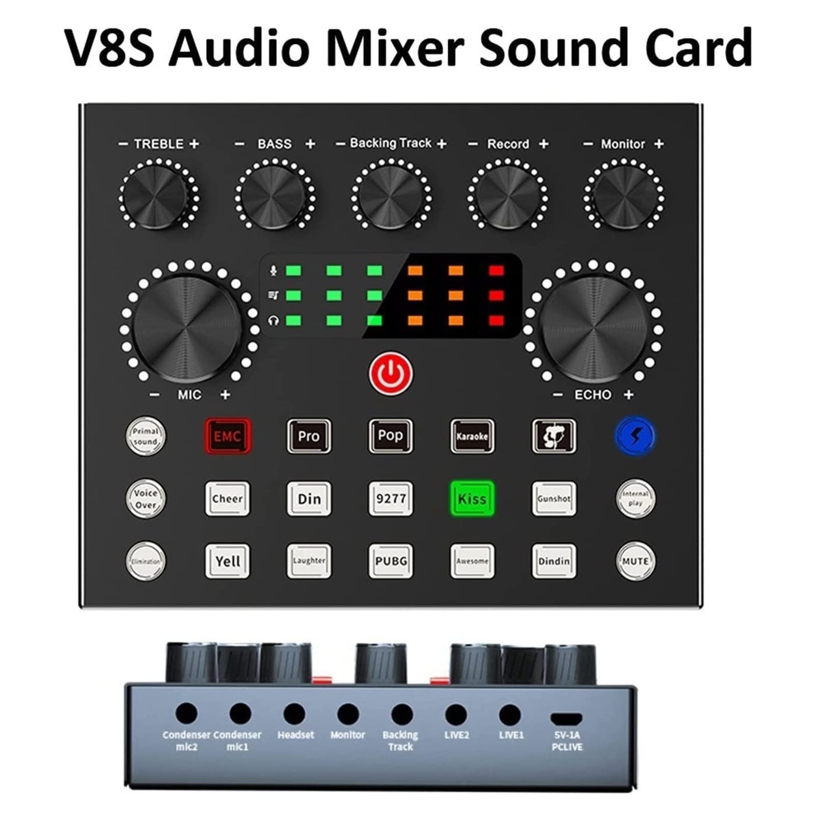 Professioneller Audiomixer, V8S Audiomixer Externe USB-Soundkarte Handy Live Voice Changer Soundkarte mit Mehreren Soundeffekten
