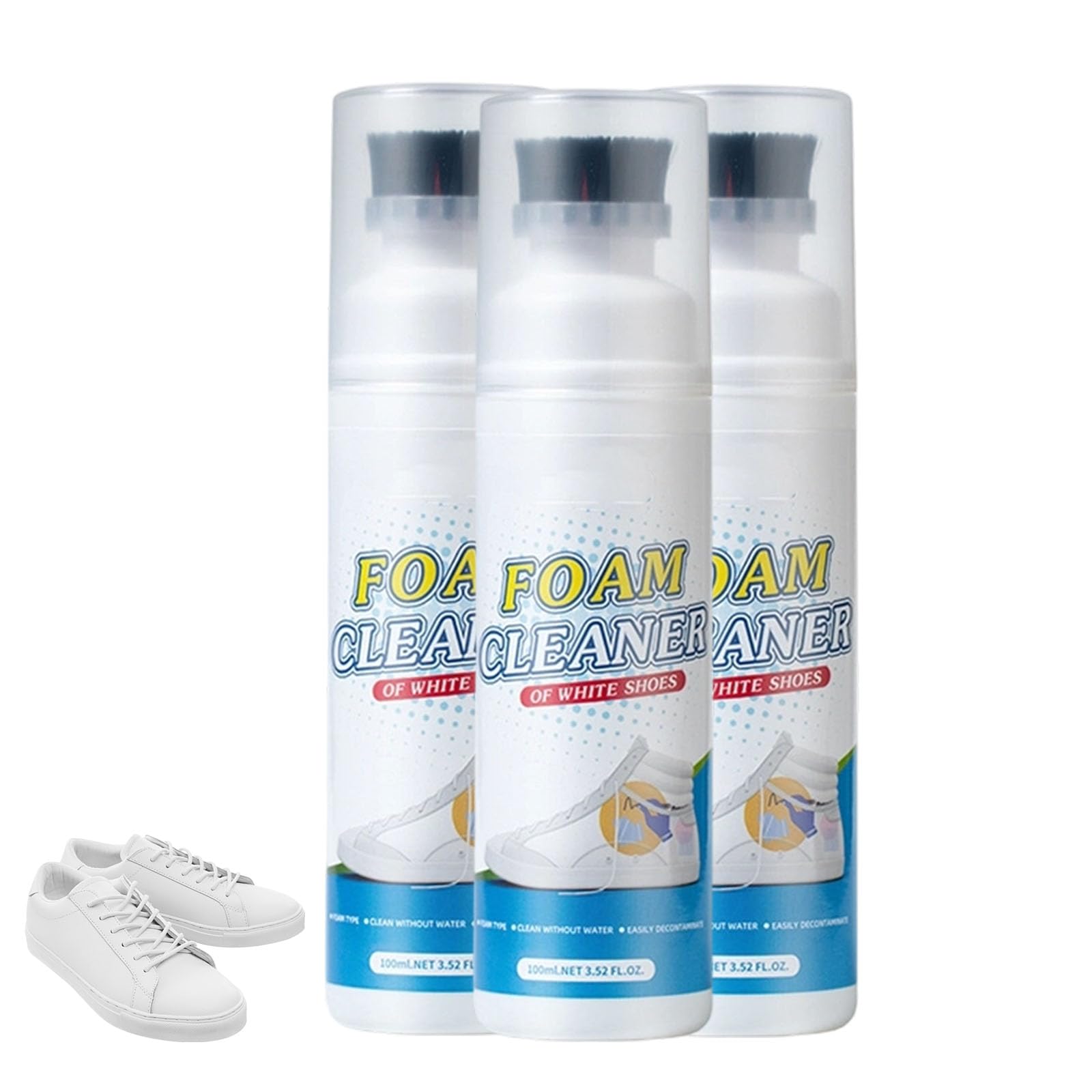 Limpiador En Espuma Sin Enjuague con Cepillo Incorporado (3PC) | 100 ml Limpiador blanqueador de calzado en seco, elimina la suciedad y las manchas, para cuero, lona y zapatillas deportivas