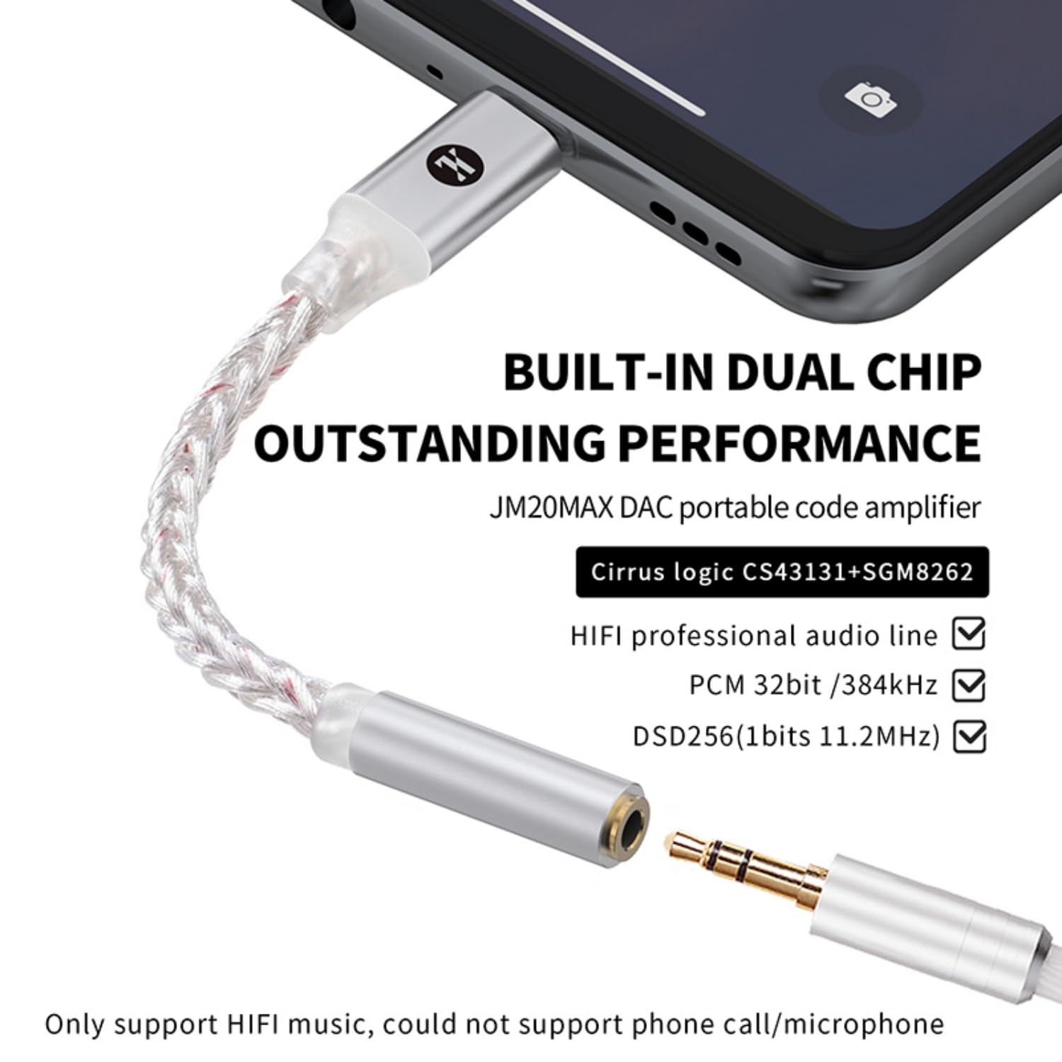 JCALLY JM20MAX USB-C to 3.5mm Audio Adapter Upgraded 195mW Dongle