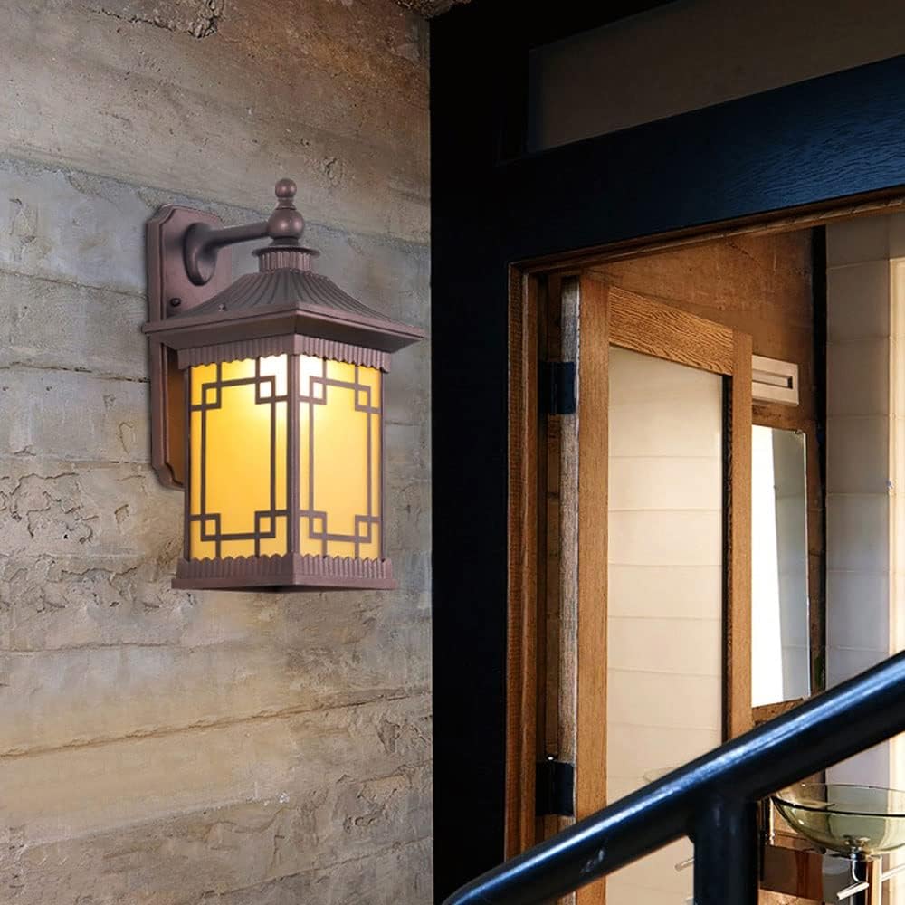 Oriental Outdoor Wall Sconce, Traditional Exterior Wall Lantern, Waterproof Bronze Finish Metal Frame with Frosted Glass & Geometric Pattern, E26 Base Porch Light for Entryway, Patio, Garden