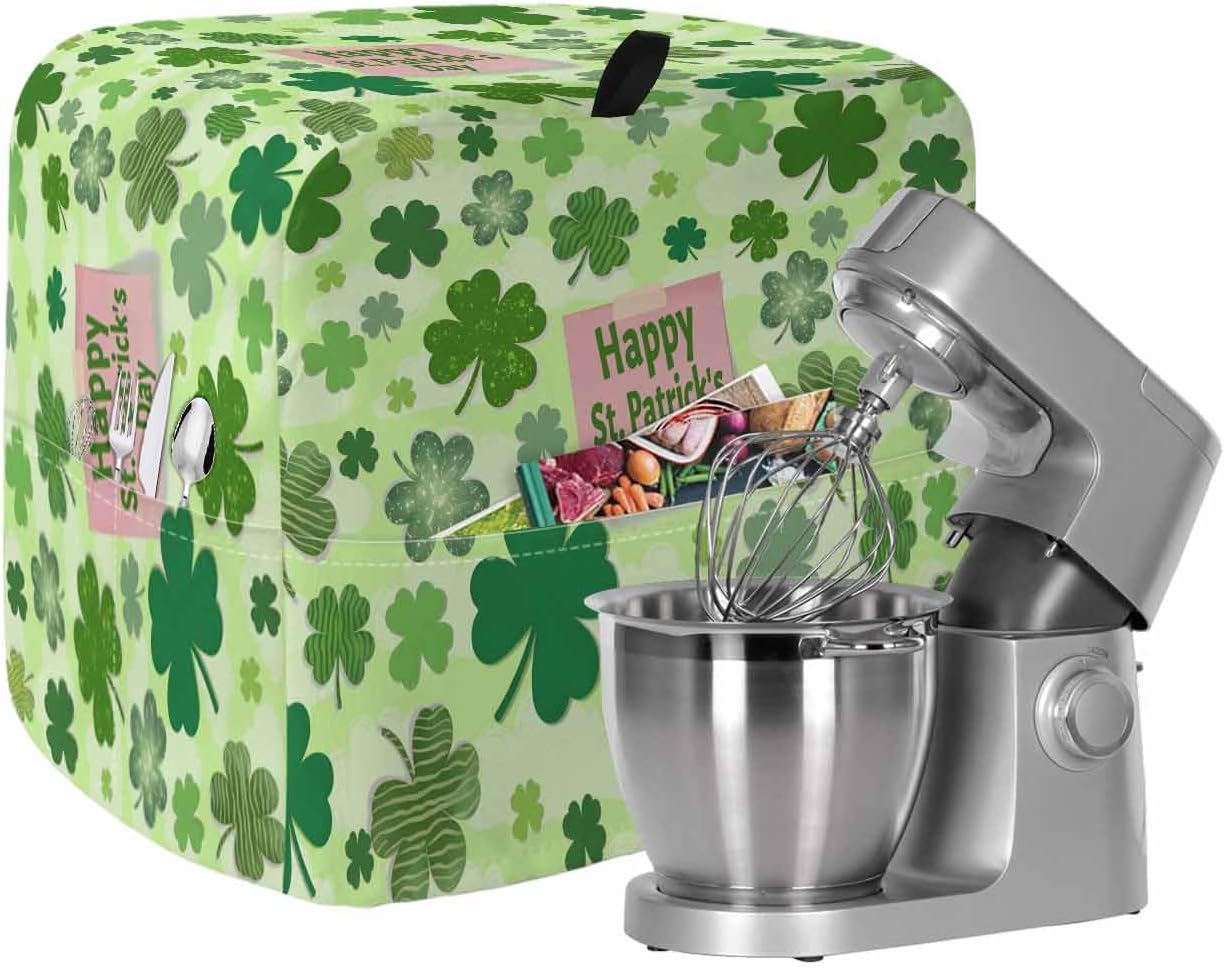 Happy St. Patrick's Day Stand Mixer Cover with Storage Pocket, Waterproof Kitchen Mixer Covers, Spring Lucky Shamrock Cloud Green Kitchen Appliance Dust Cover Compatible with 6-9 Quart Mixers