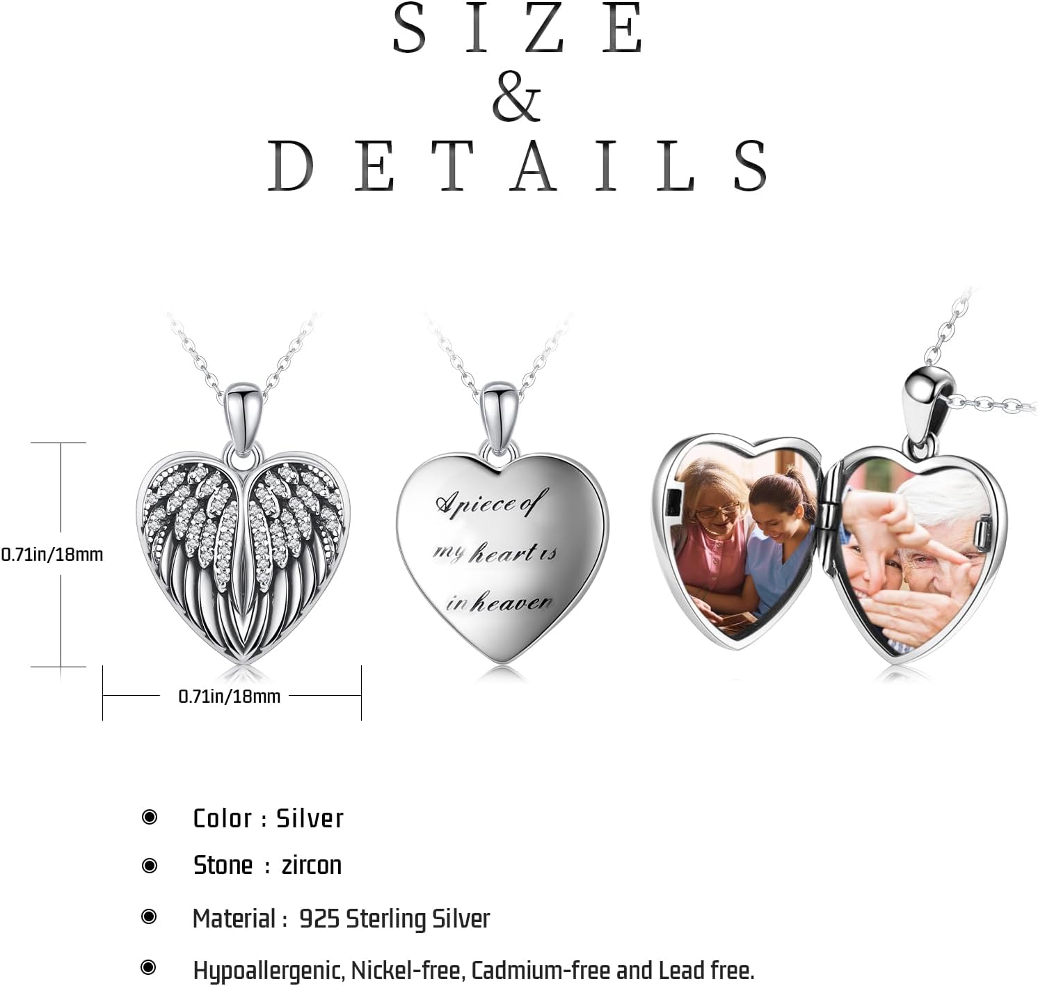 Angel Wings Locket Necklace 925 Sterling Silver Heart Locket Necklace That Holds Pictures Memorial Pendant Necklace Locket Jewelry Gifts for Women Girlfriends - Image 5