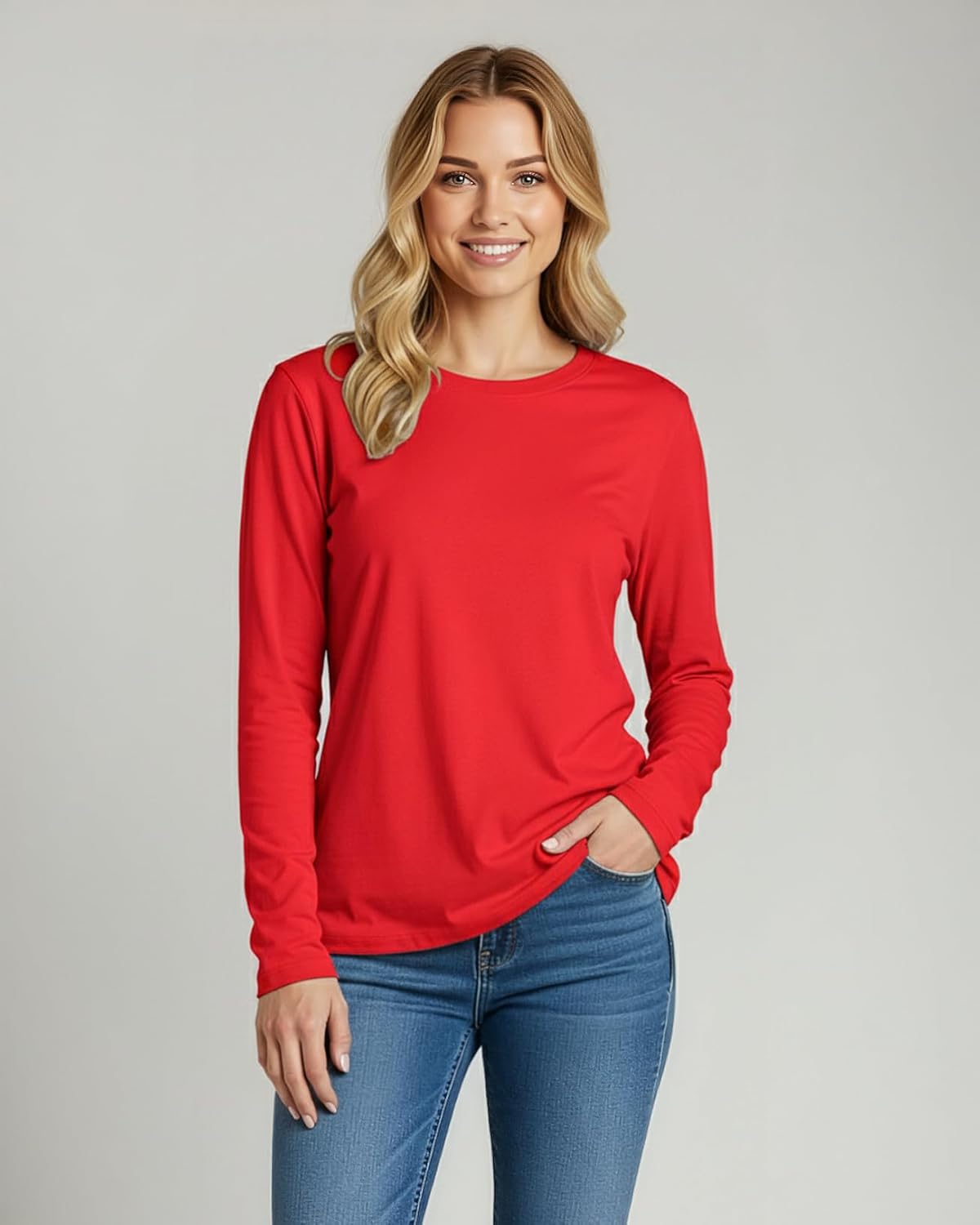 Real Essentials 4 Pack: Women's Cotton Classic-Fit Long-Sleeve Crewneck T-Shirt (Available in Plus Size) - Image 2