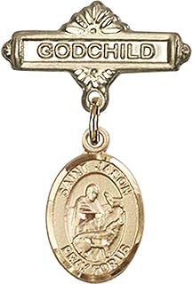 14kt Yellow Gold Baby Badge with St. Jason Charm and Godchild Badge Pin 1 X 5/8 inches