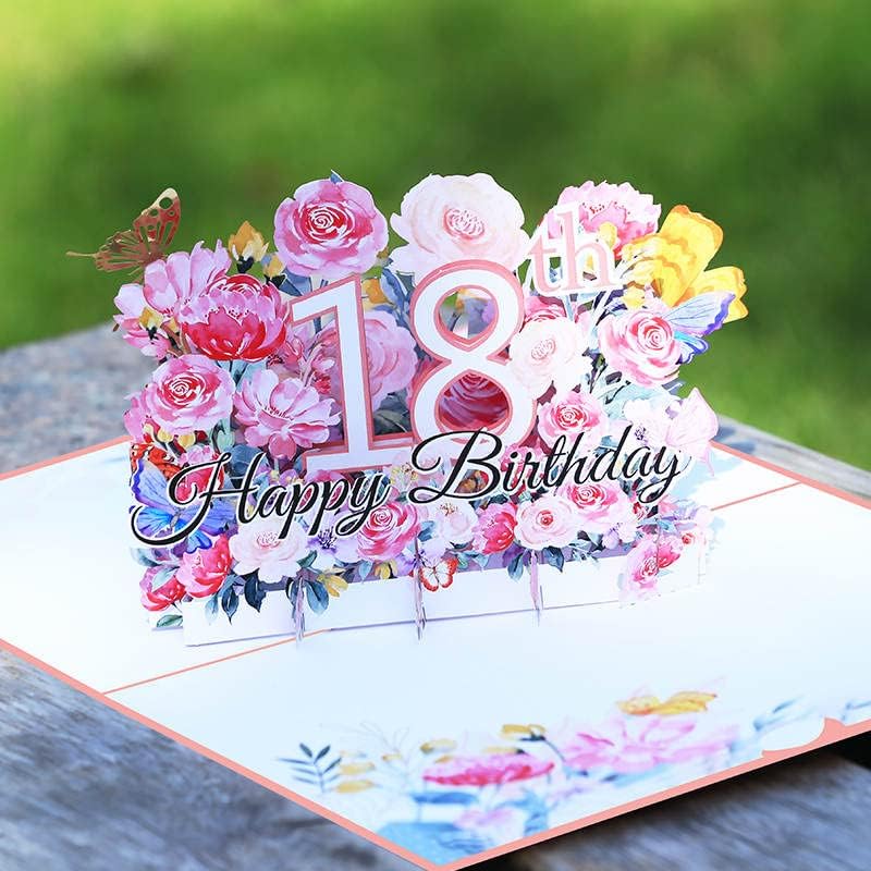 Miniatura 6 de Tarjeta desplegable de cumpleaños número 18, tarjeta de felicitación de flores 3D para mujer