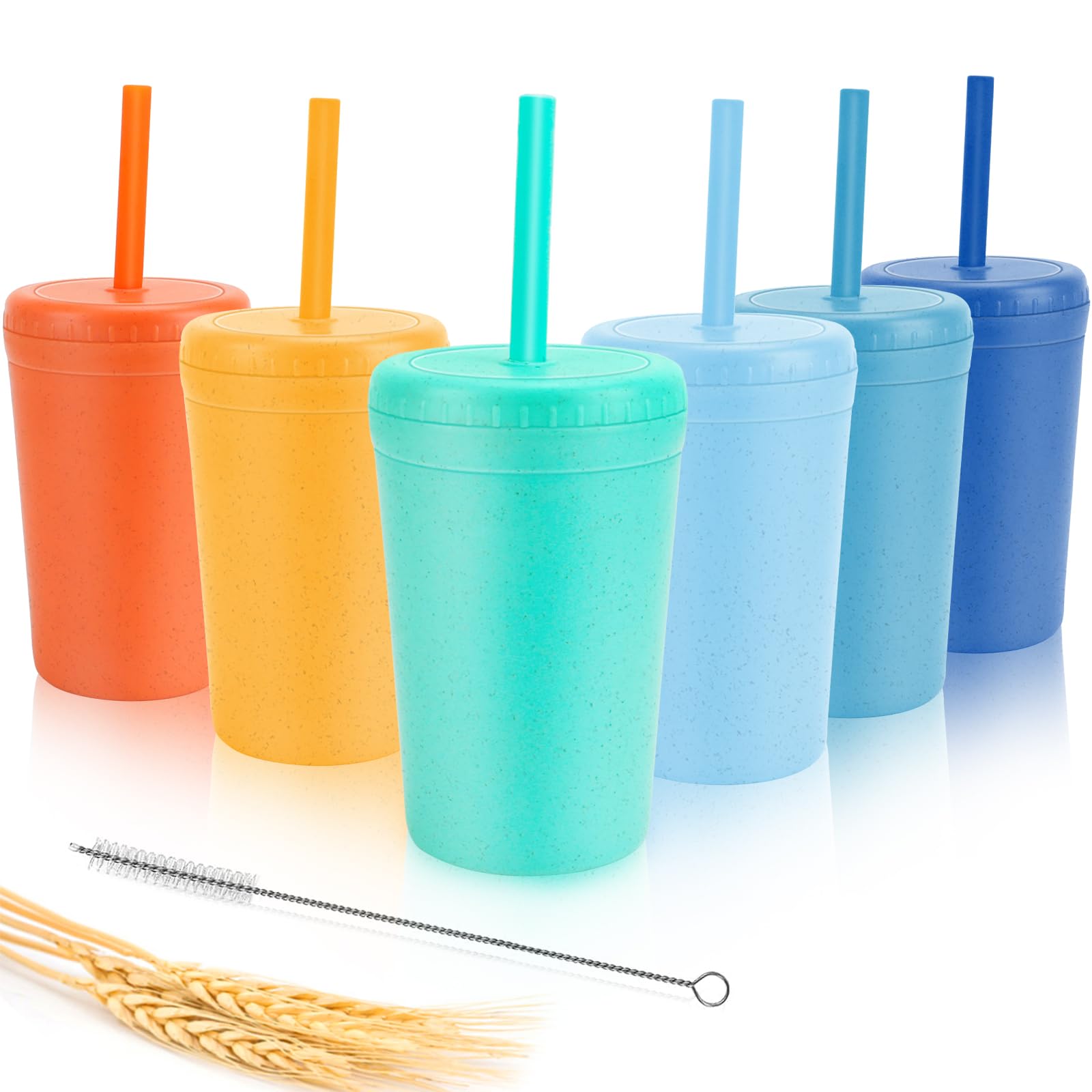 10 oz Wheat Straw Cups with Lids and Silicone Straws, Unbreakable Drinking Glasses, Plastic Cups for Kitchen, Small Tumbler Cups with Cleaning Brush, BPA Free, Dishwasher & Microwave Safe, 6 Pack