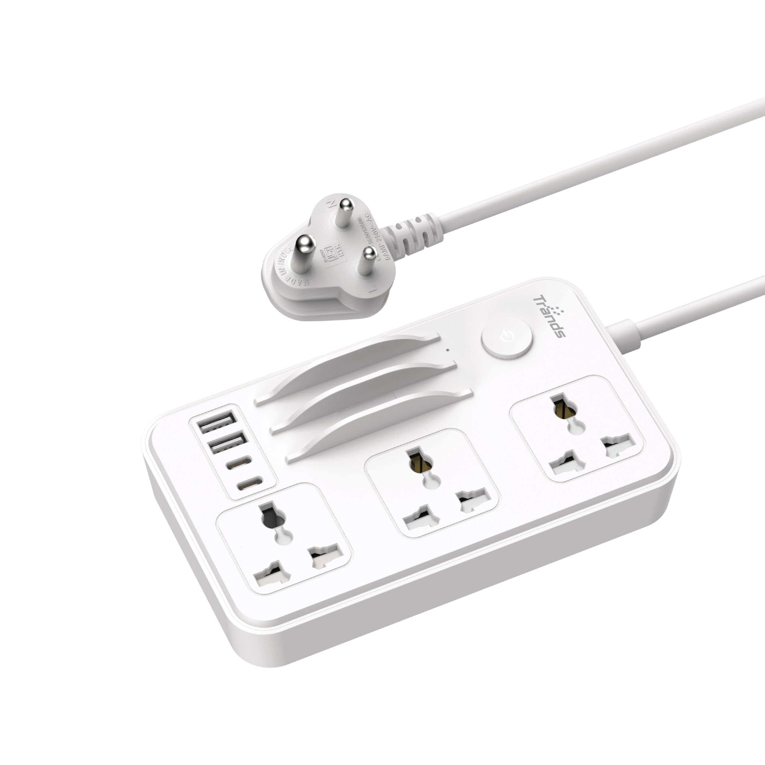 trands ampflow pulse extension board with usb ports, 25w pd and qc fast charging, 3 ac power sockets, 4 usb ports, 10a load, fire resistant abs body, 1.5m cable, multi device charging power strip
