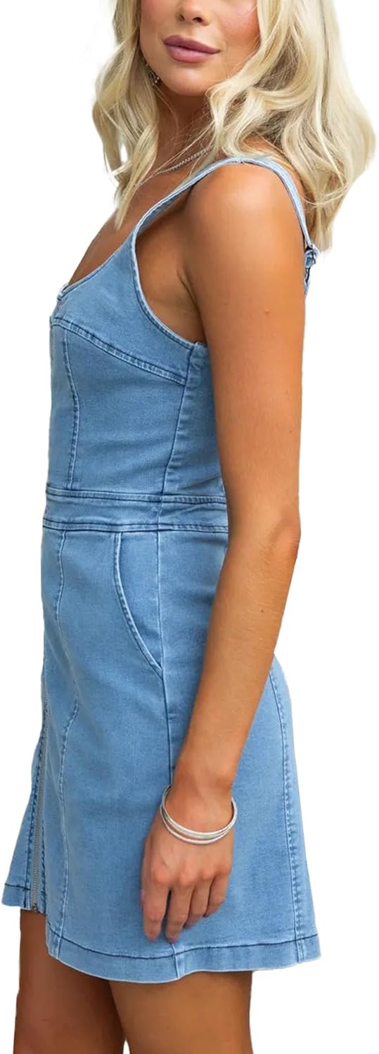 SOMTHRON Women's Summer Denim Tank Dress Zipper Front Sleeveless Bodycon Sexy Jean Mini Dress with Pockets - Image 2