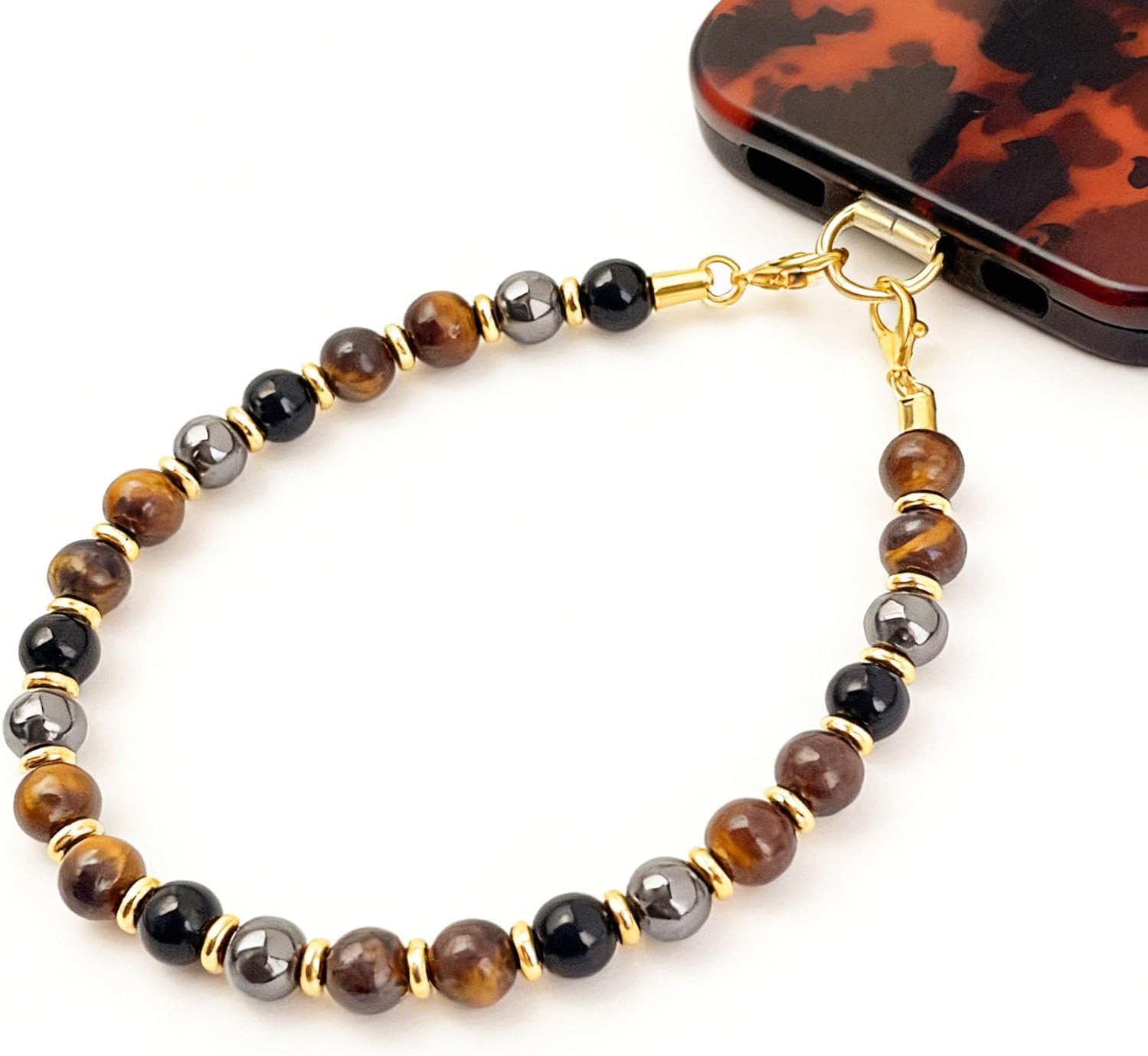 Natural Tiger's Eye Beaded Phone Wrist Strap,Handmade Stone Bead Phone Charm Chain with Golden Spacer Beads, Clear Patch & Lanyard, Trendy Boho Jewelry Accessory for Women & Men