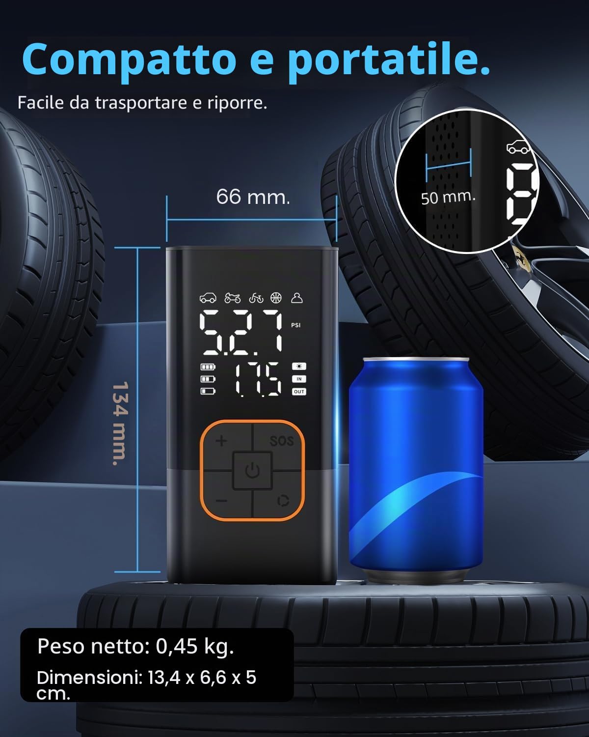 Compressore Aria Portatile 150 PSI, Mini Compressore Elettrico Portatile Senza Fili con Schermo Digitale e Torcia LED, per Auto, Moto, Bicicletta, Palla