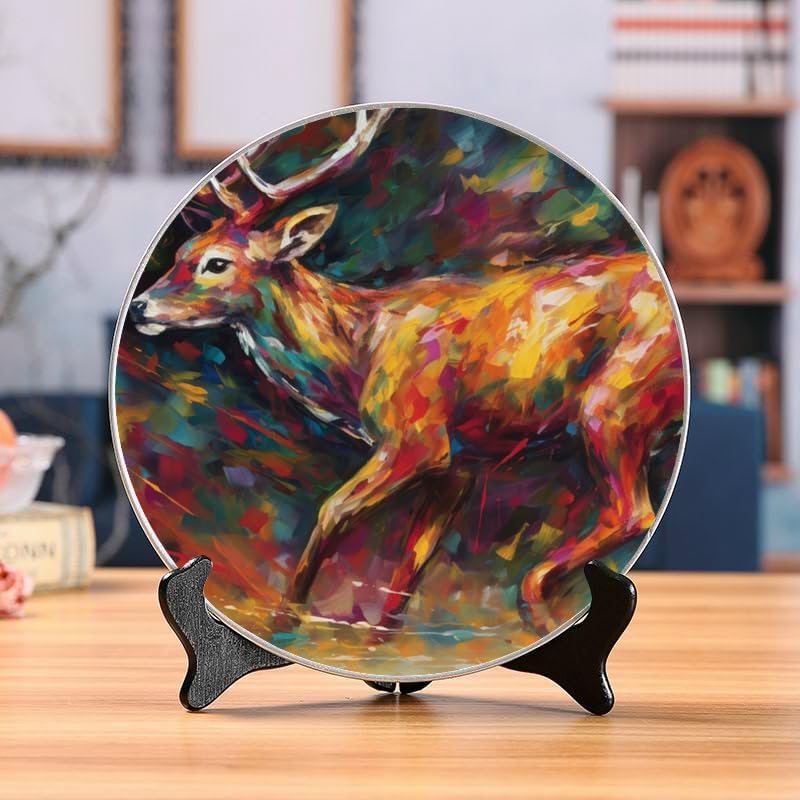 Deer 10-inch Ceramic Plate for Wall Display or Tabletop, with Stand & Hook DP-868095647