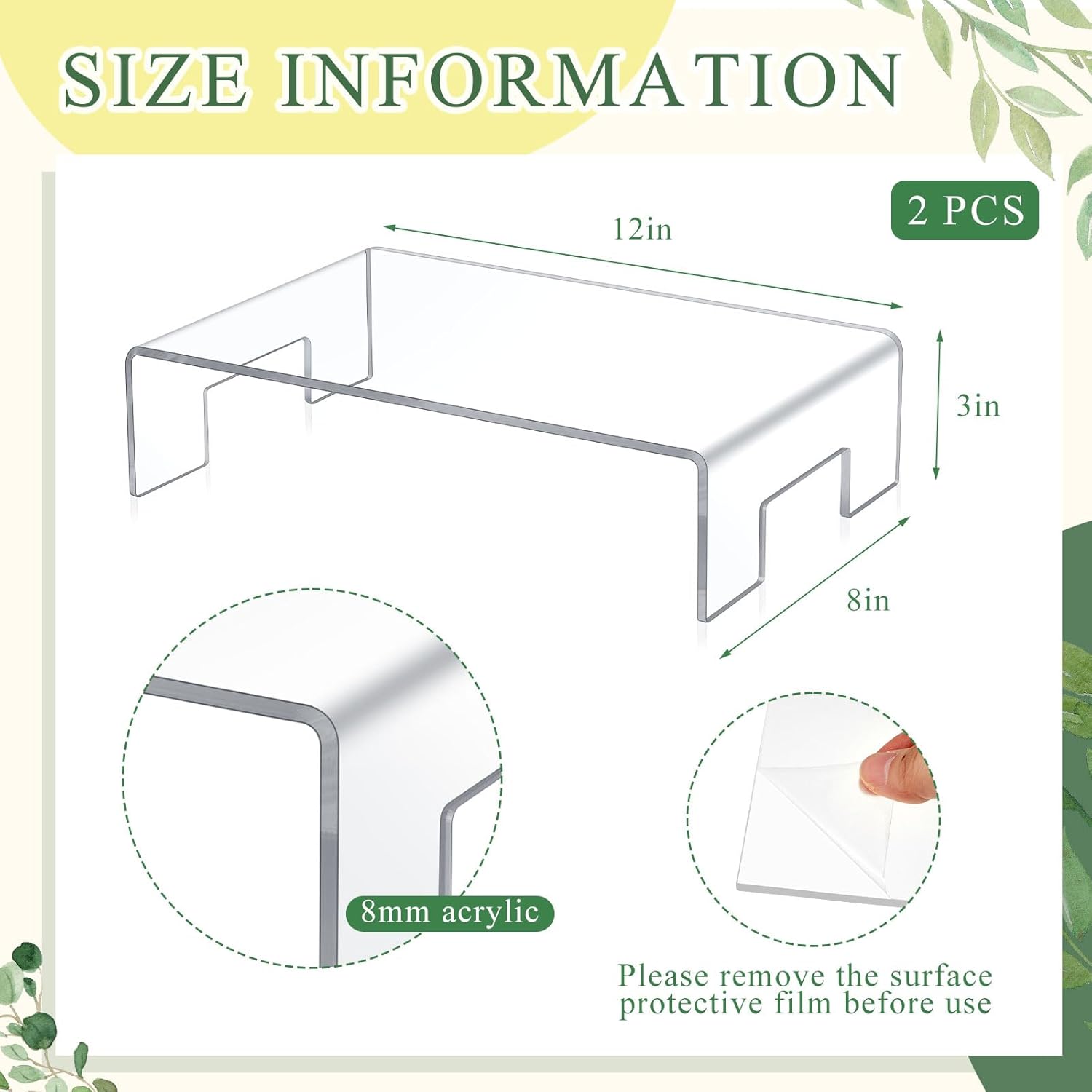 rattanview 2 pcs 12 x 8 x 3 inch large acrylic risers display stands 5 mm thick acrylic shelf riser showcase for collectibles jewelry cupcakes food figures perfume cabinet (clear) 12 x 8 x 3 inch, 5 mm clear