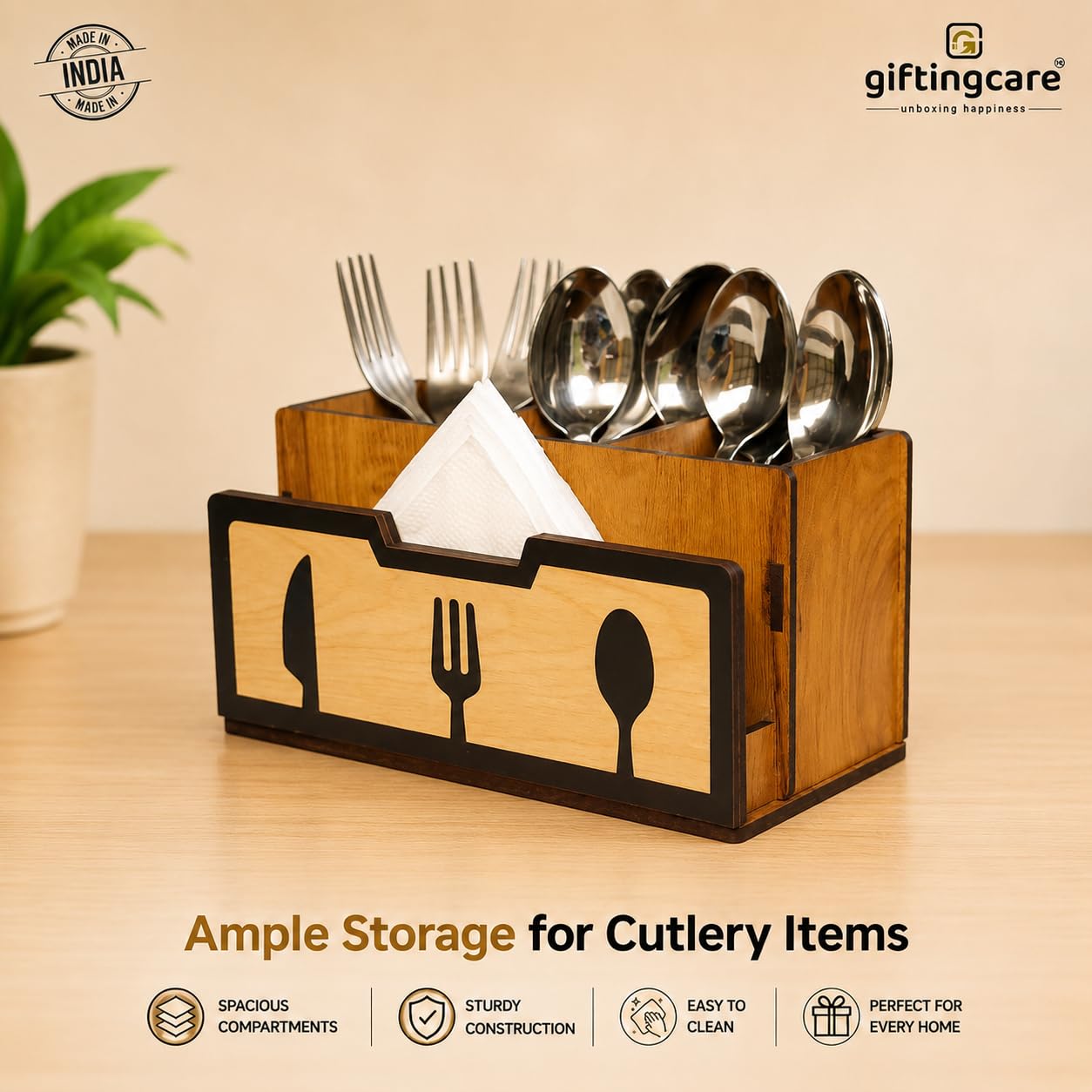 Wooden Cutlery Stand with Tissue Holder - Kitchen Organizer -4