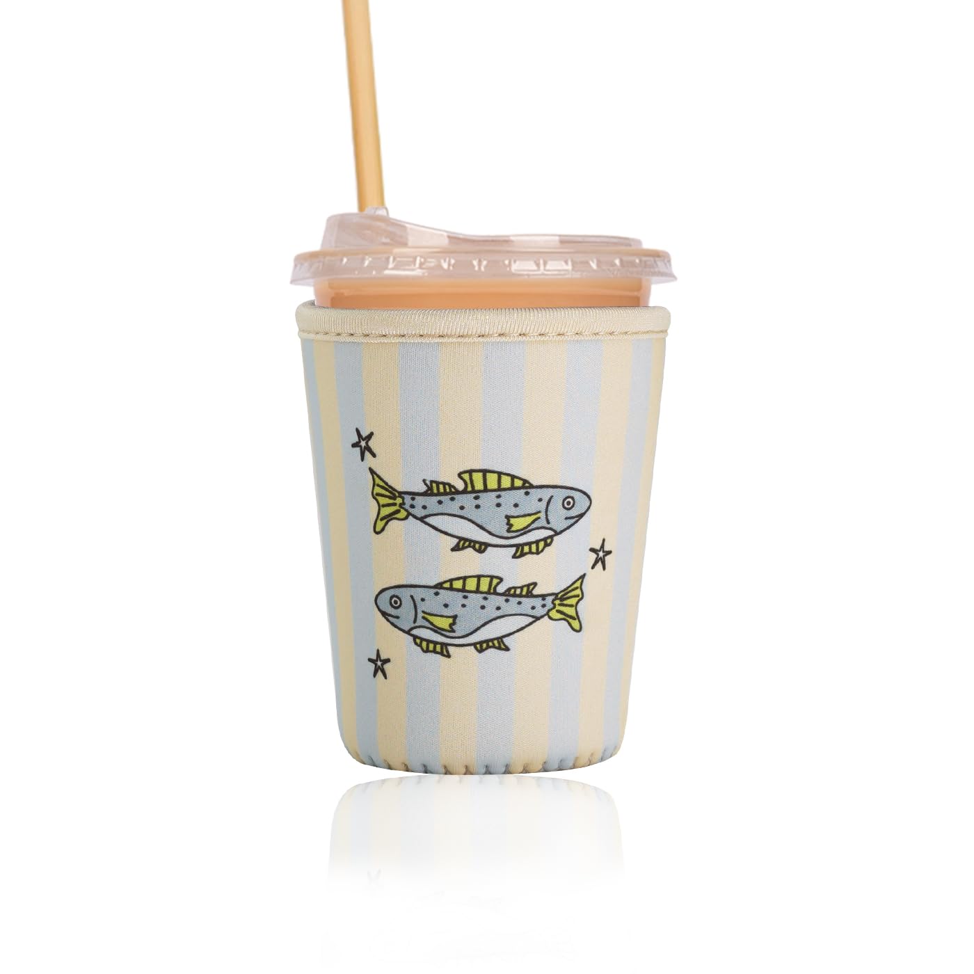 Reusable Insulated Sleeve for Iced Coffee Cup, Coffee Neoprene Sleeve for Cold &amp; Hot Drinks, Beverage Holder for Iced Coffee (Fish Stripes, Small: 16-18oz)