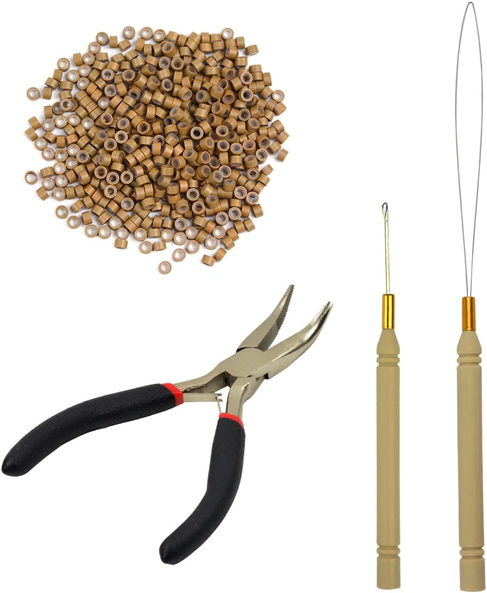 Microring Hair Extension Set with 1 Micro Ring Hair Tongs, 1 Micro Ring Needle Threader, 1 Tow Bar and 500 Pieces Micro Rings for Hair Extension, Accessories (Dark Blonde)