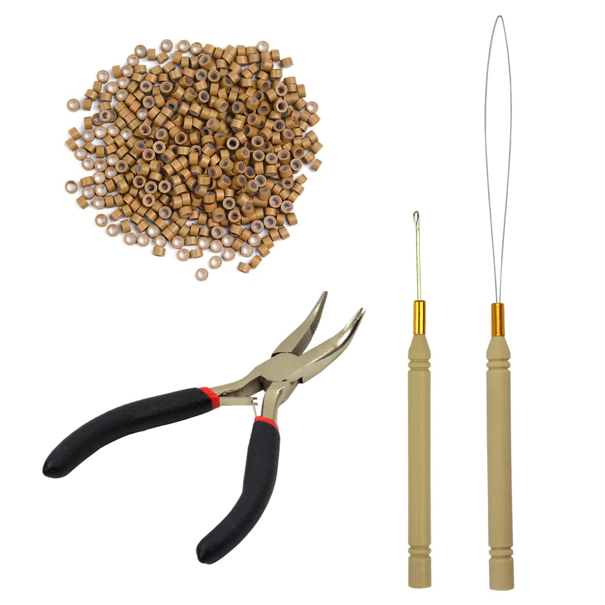 Microring Haarverlängerung Set mit 1 Microring Hair Zangen 1 Stück Microring Nadel Einfädler 1 Ziehen Haken und 500 Stück Microringe für Haarverlängerung Zubehör (Dunkelblond)