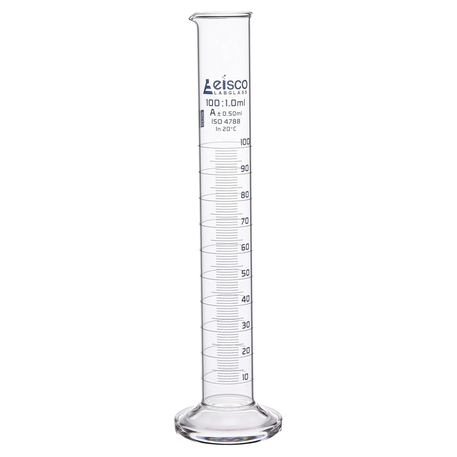 Graduated Cylinder, 2000ml - Class A Tolerance ±10.0ml - Round Base - Blue Graduations - Borosilicate 3.3 Glass - Eisco Labs