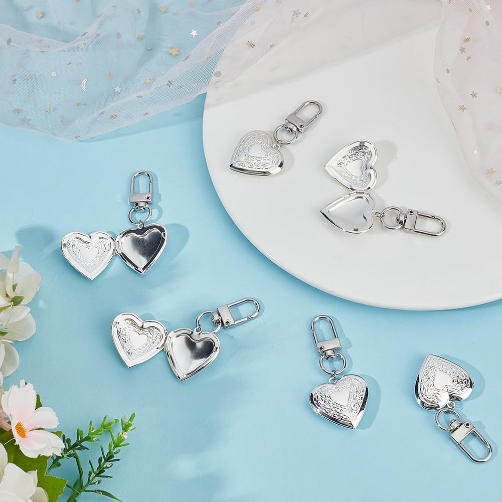 MAYJOYDIY 6 Porte Clés Médaillon Cœur Argenté 6.4cm Pendentif Cœur Vintage Souvenir Photo pour la Fabrication de Bijoux la Fête des Mères la Saint Valentin les Loisirs Créatifs
